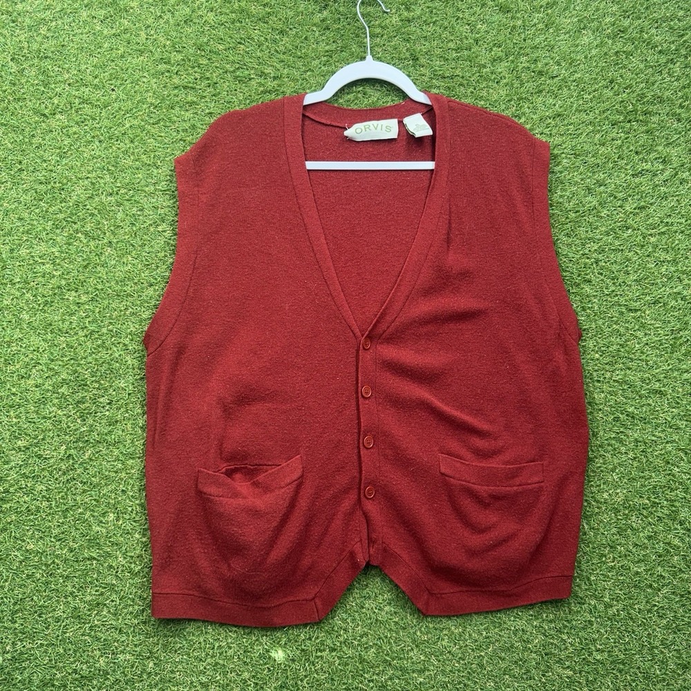 Orvis Sweater Vest Mens XL Merino Wool Red Button Down Holiday Christmas V Neck
